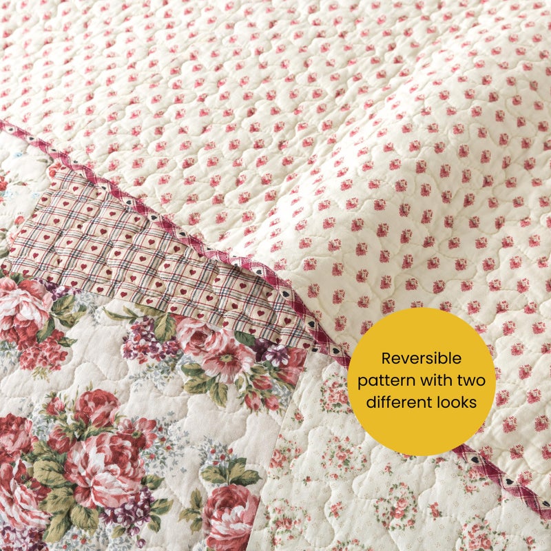 SLPR Country Roses Patchwork Cotton Pieced Quilt Set - Queen Size with 2 Shams, French Country Style Floral Bedding, Red Rose Farmhouse Quilted Bedspread with Flower Pattern - Image 5